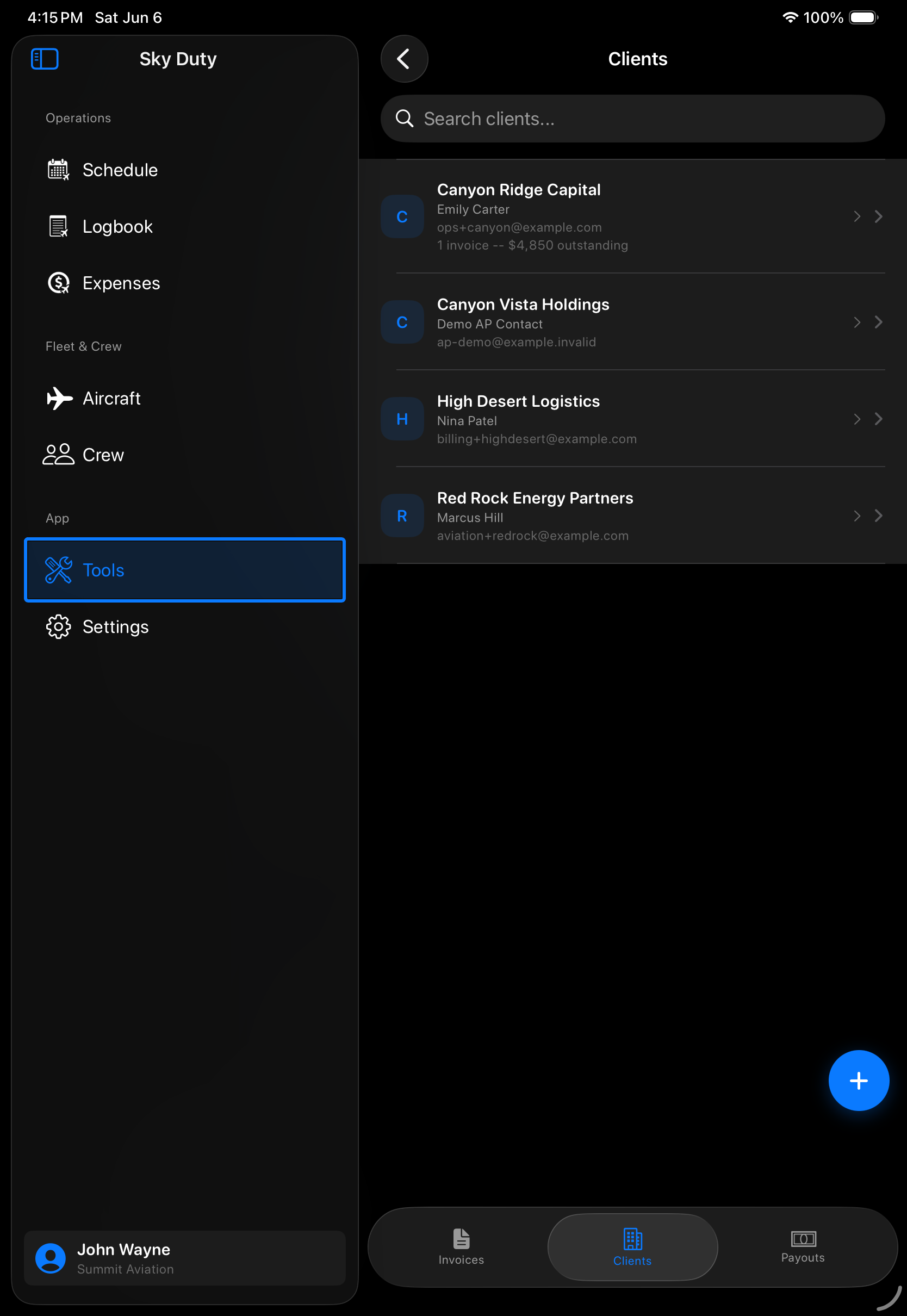 Sky Duty client records on iPad
