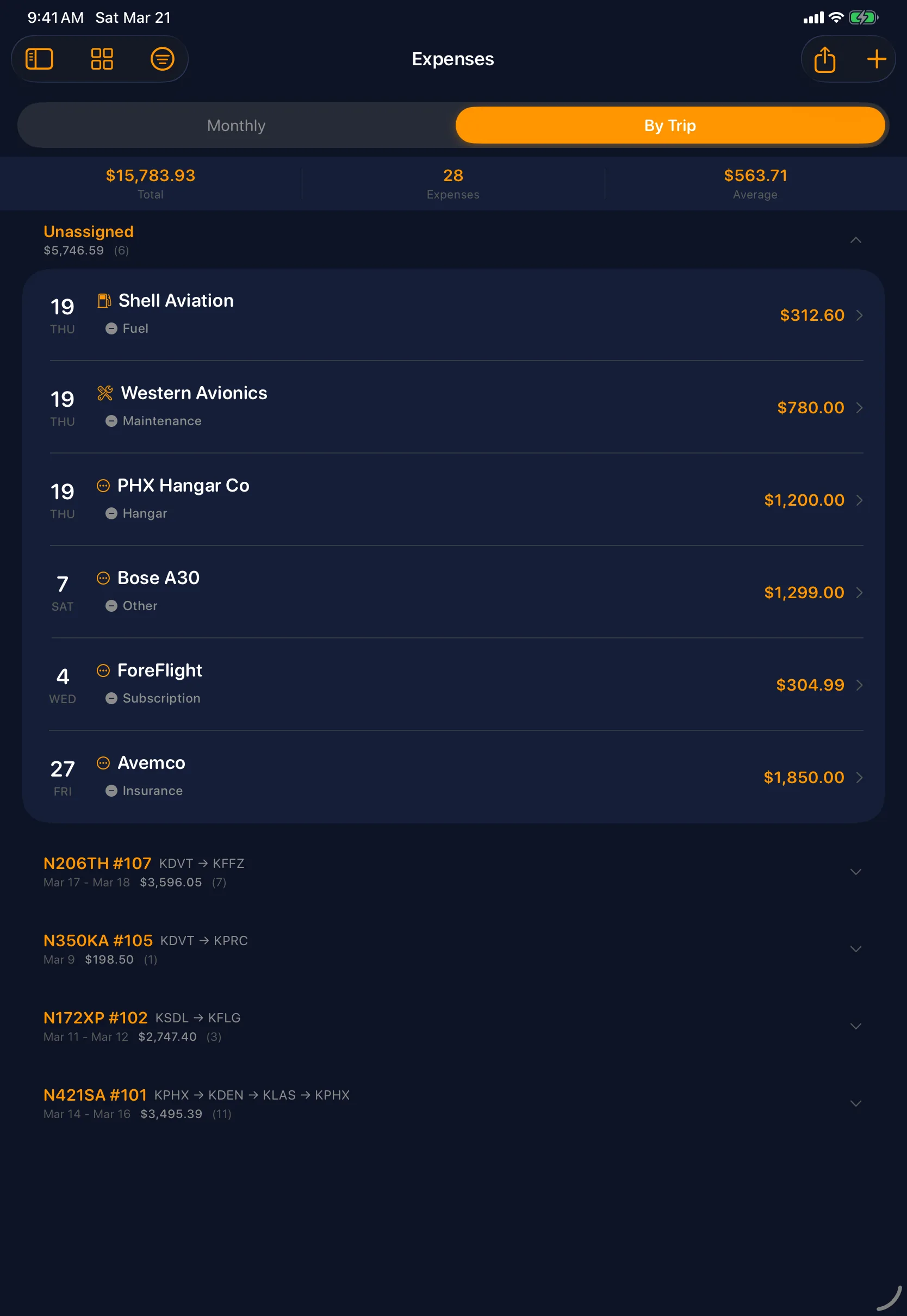 Sky Duty expenses by trip on iPad