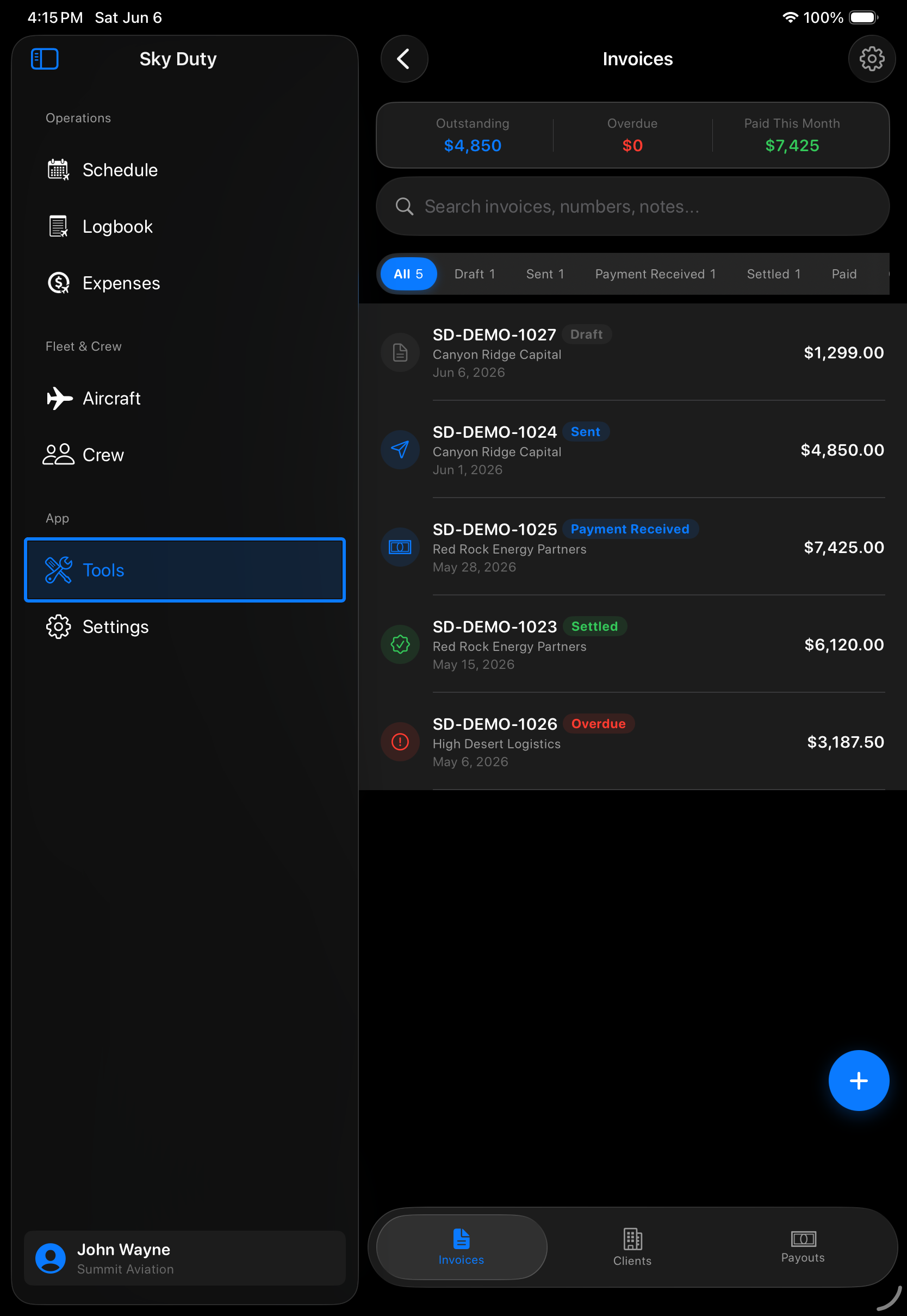 Sky Duty aviation invoicing on iPad