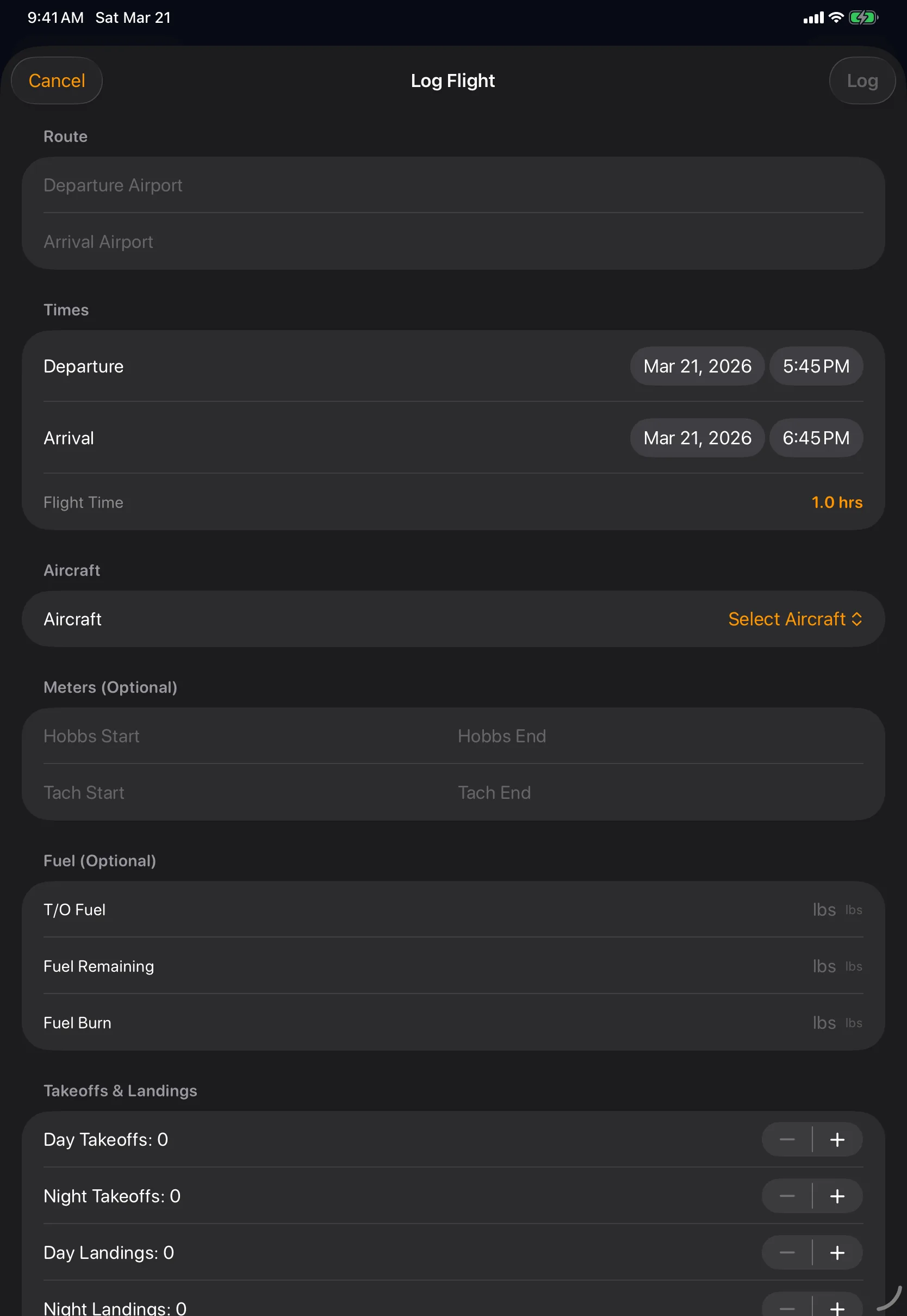 Sky Duty logbook entry on iPad