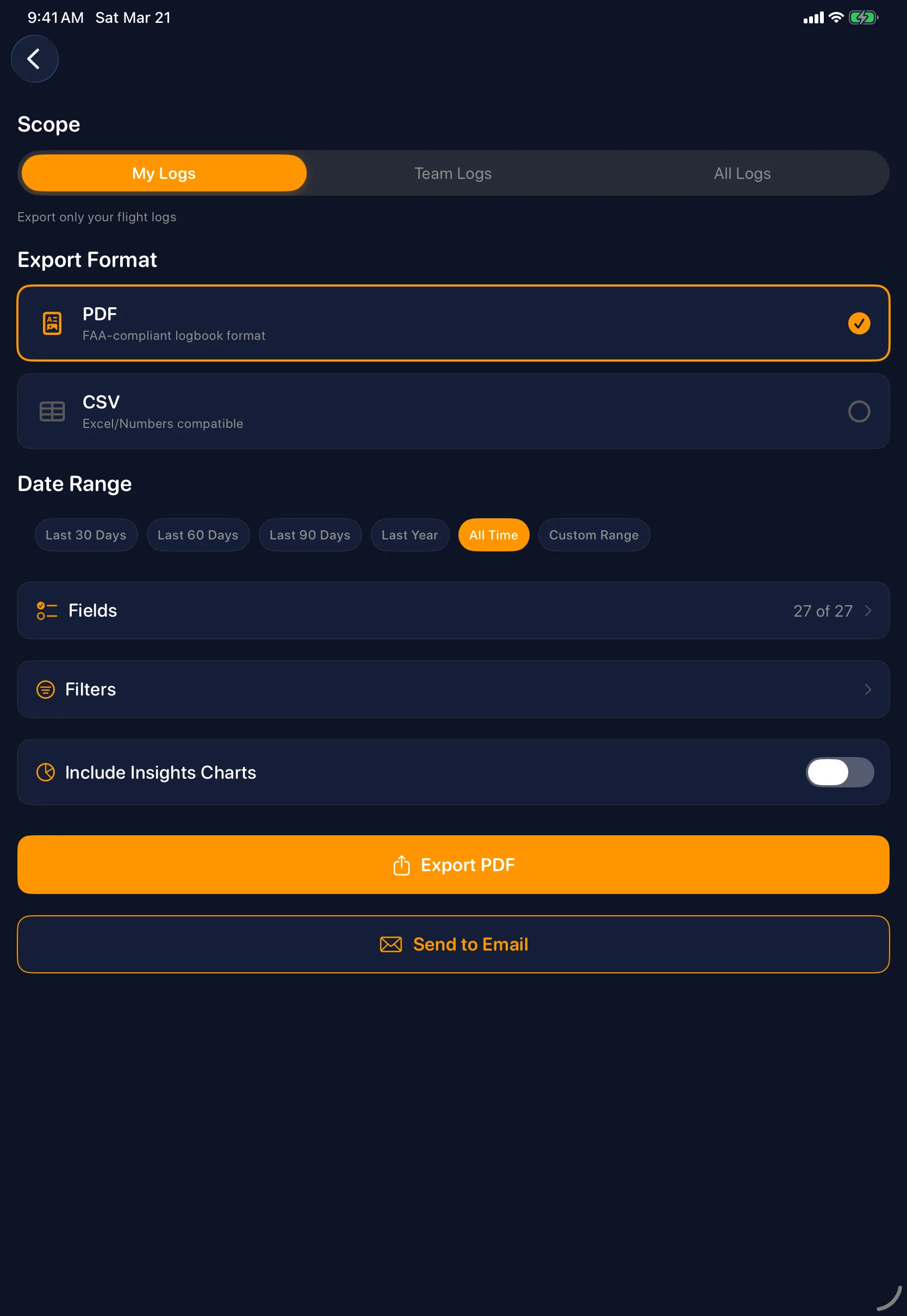 Sky Duty logbook export on iPad