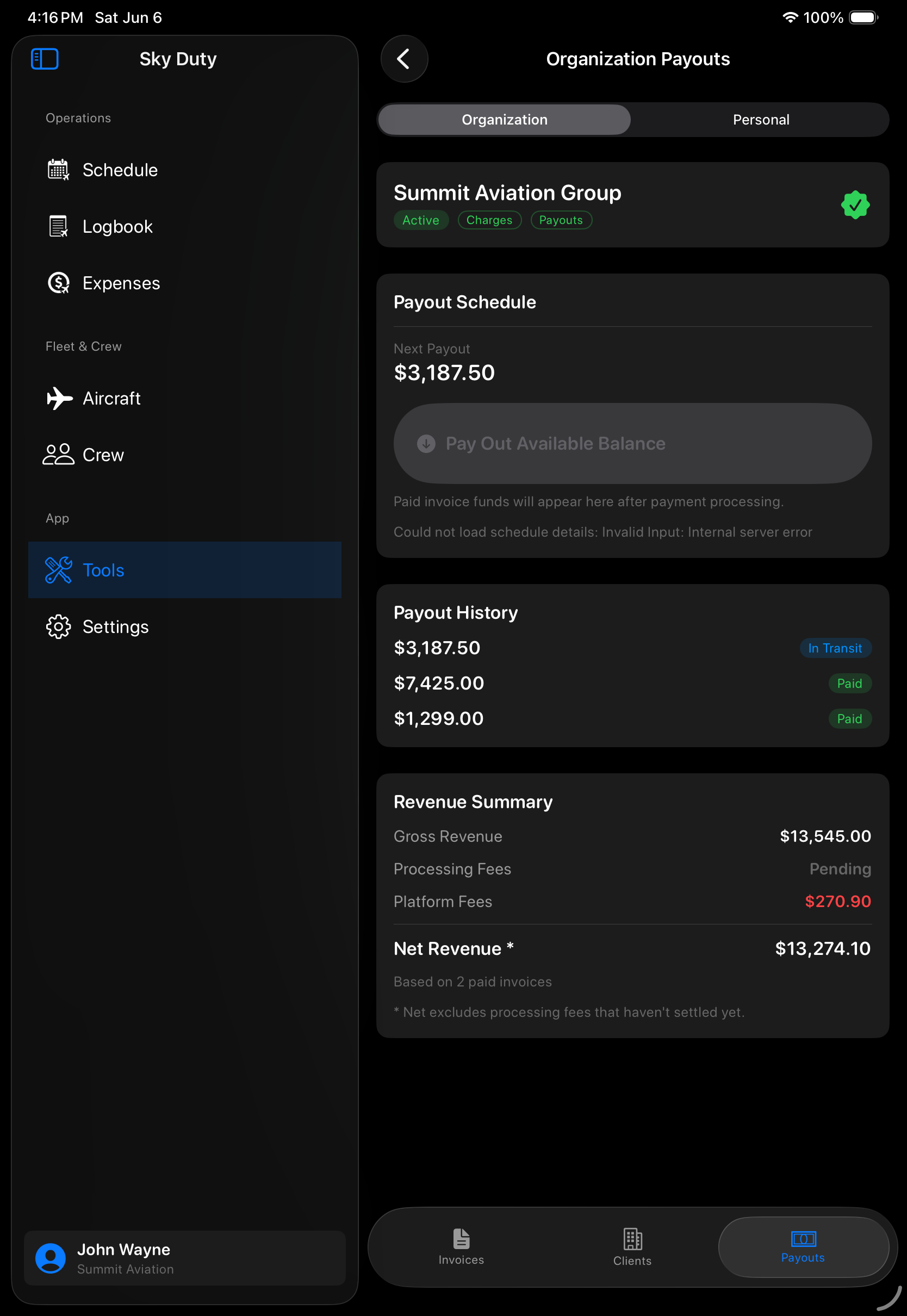 Sky Duty payout status on iPad