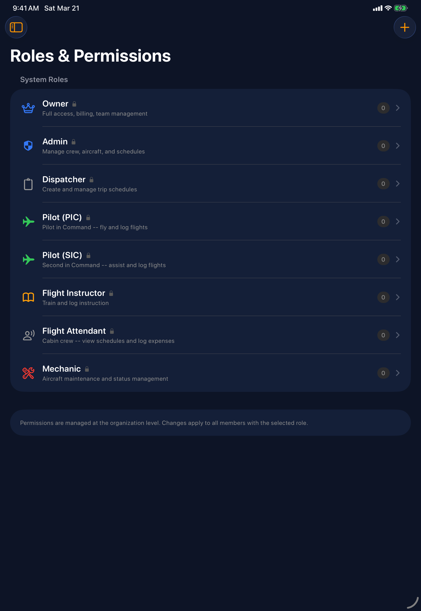 Sky Duty roles and permissions on iPad