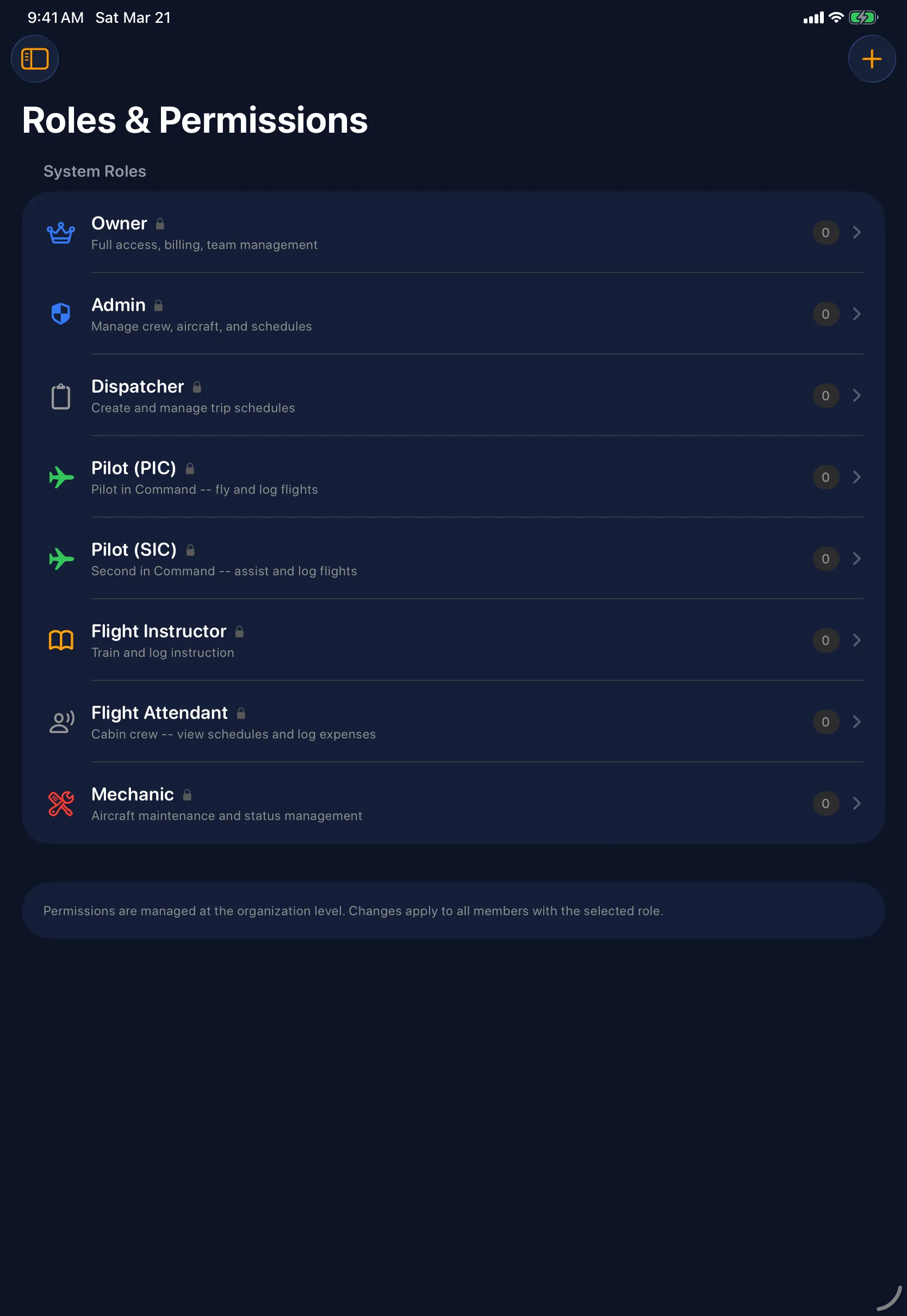 Sky Duty roles and permissions on iPad