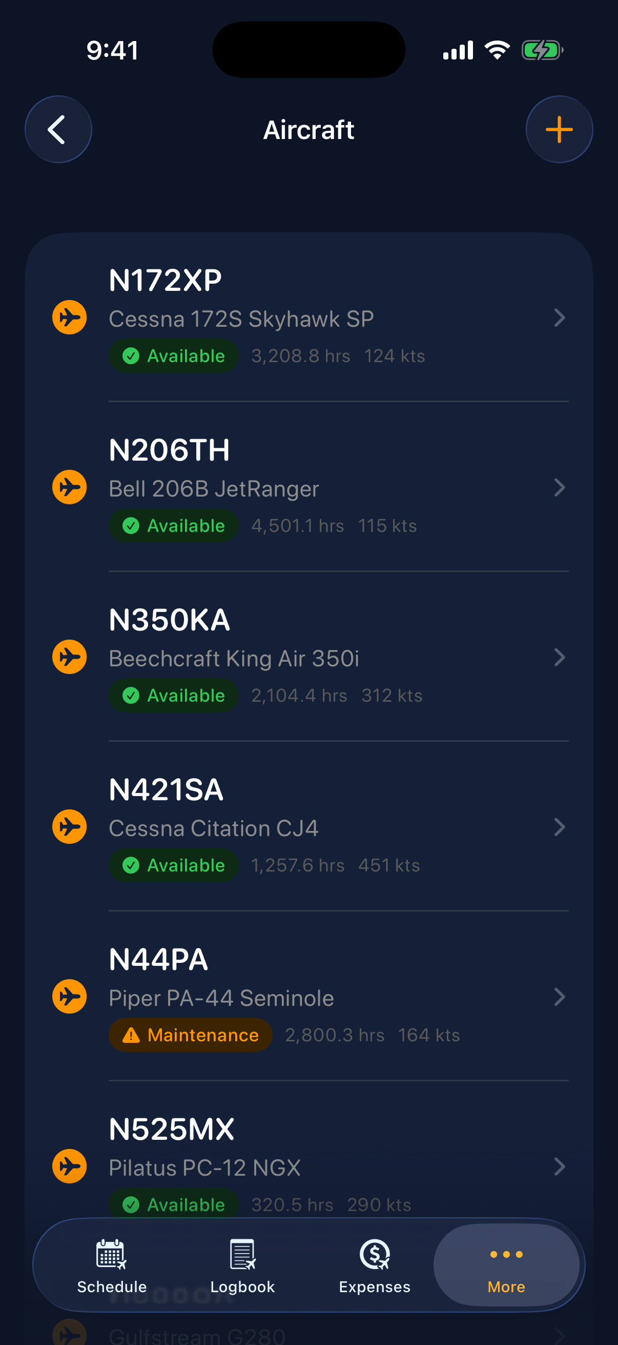 Sky Duty aircraft list on iPhone