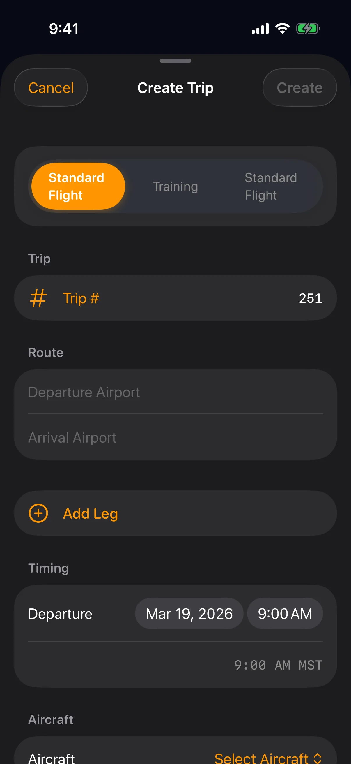 Sky Duty trip creation form with crew assignment and operation type fields