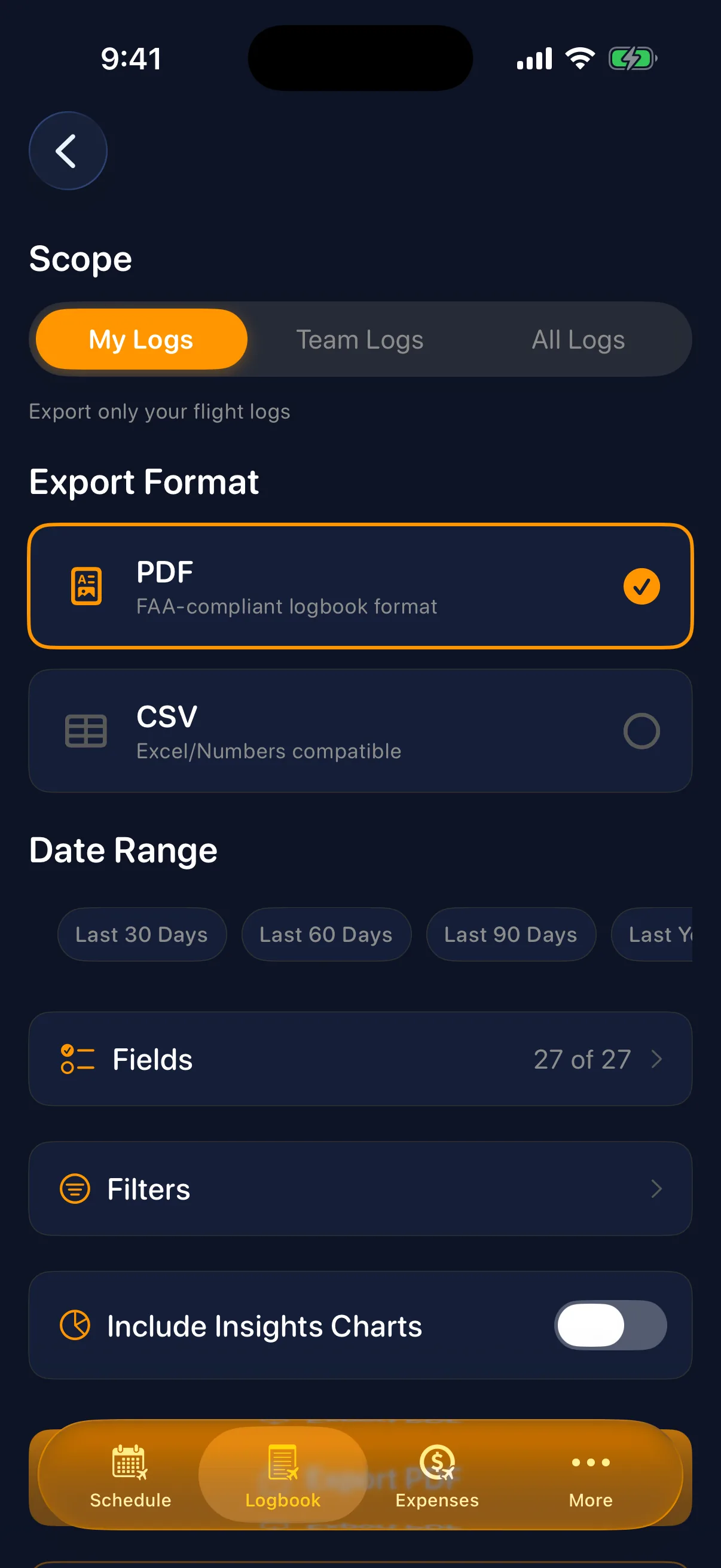 Sky Duty logbook export on iPhone