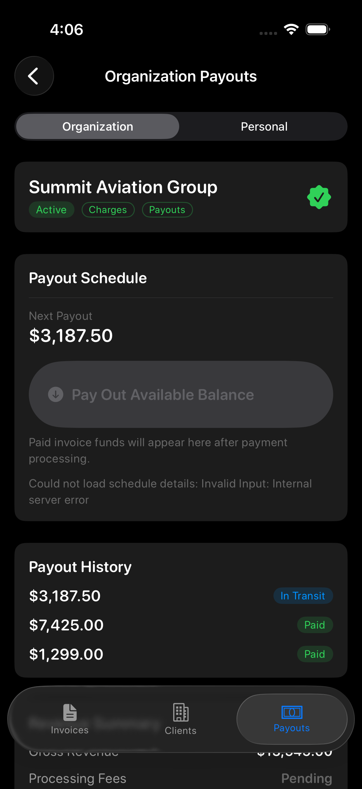 Sky Duty payout status on iPhone