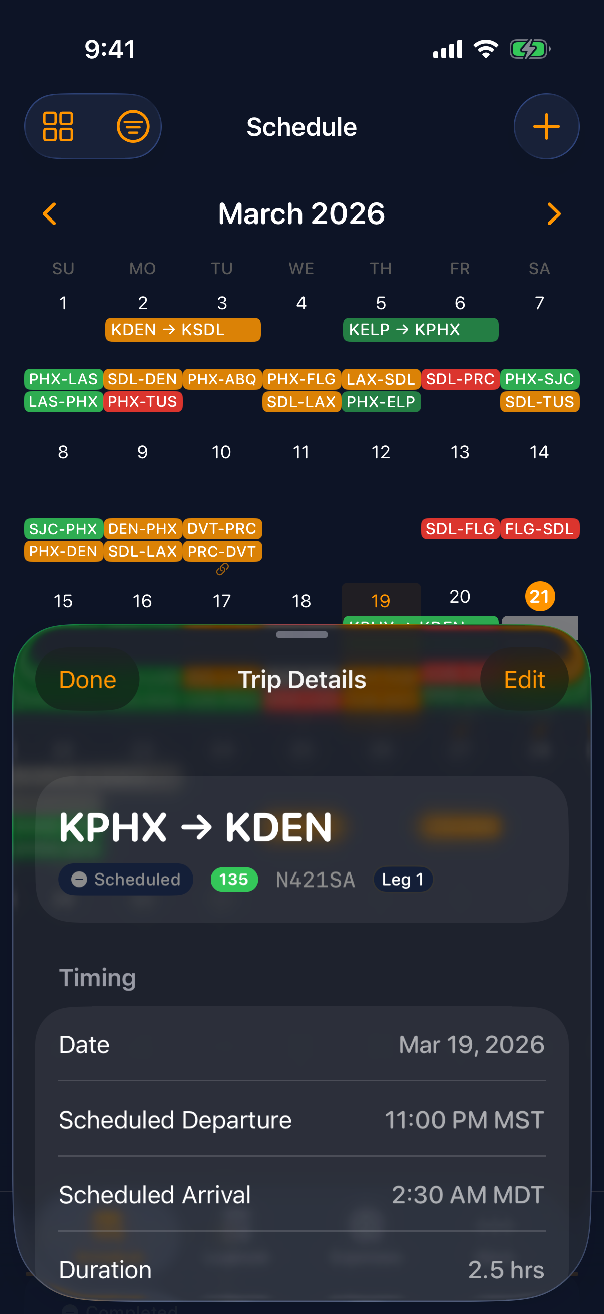 Sky Duty multi-leg trip detail on iPhone